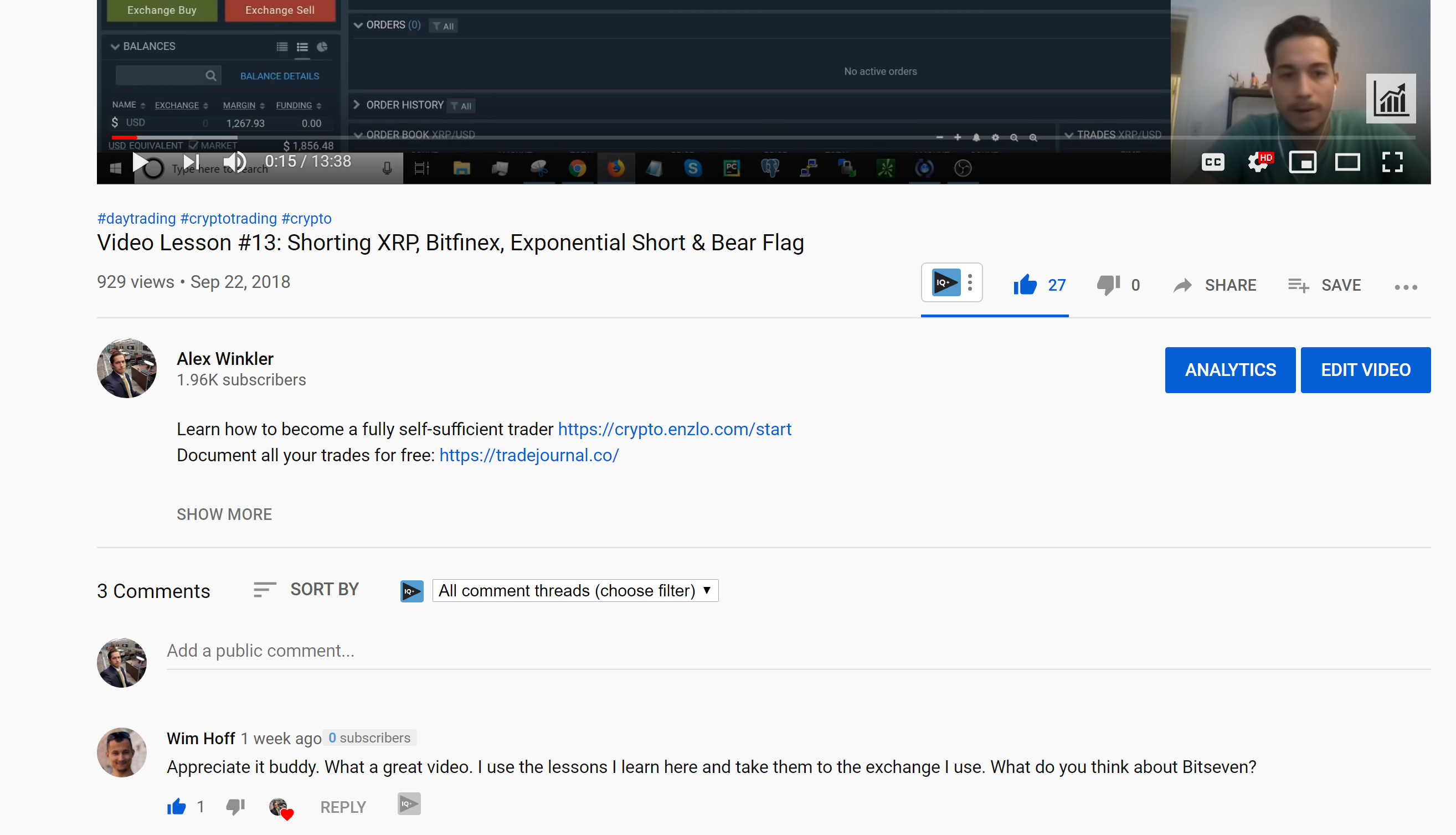 TradeJournal review by Wim Hoff Youtube Comment - Alex Winkler